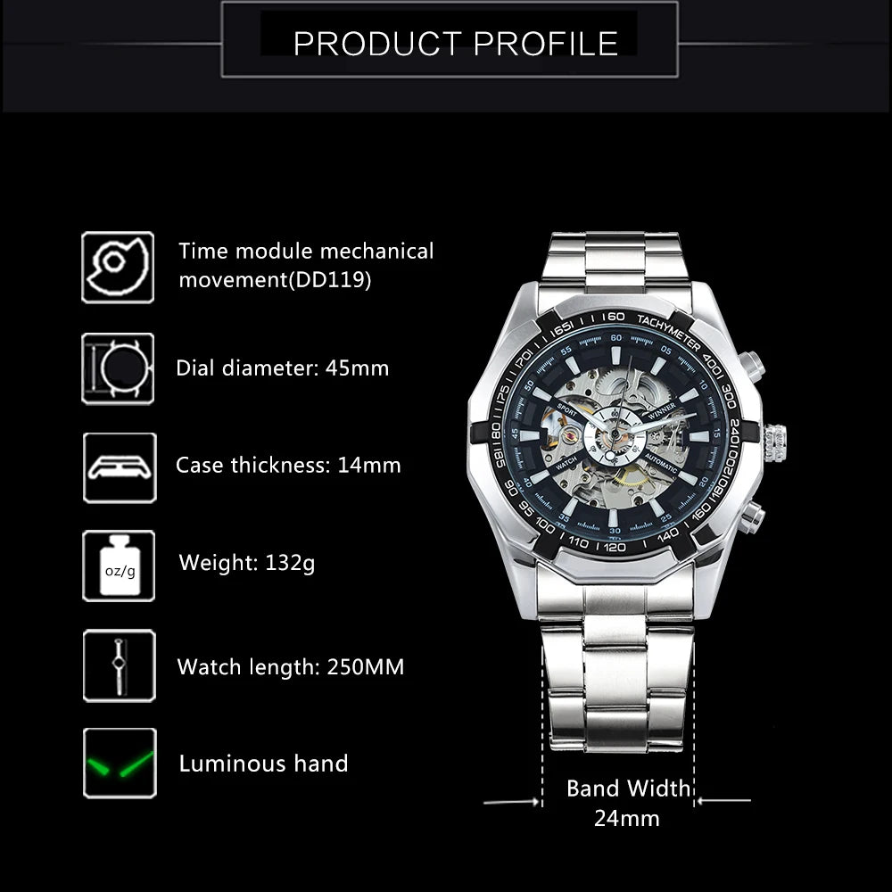 Excellence Classic Skeleton Watch for Men Luminous Hands Mechanical Watches Stainless Steel Strap Luxury Brand Forsining Wristwatch