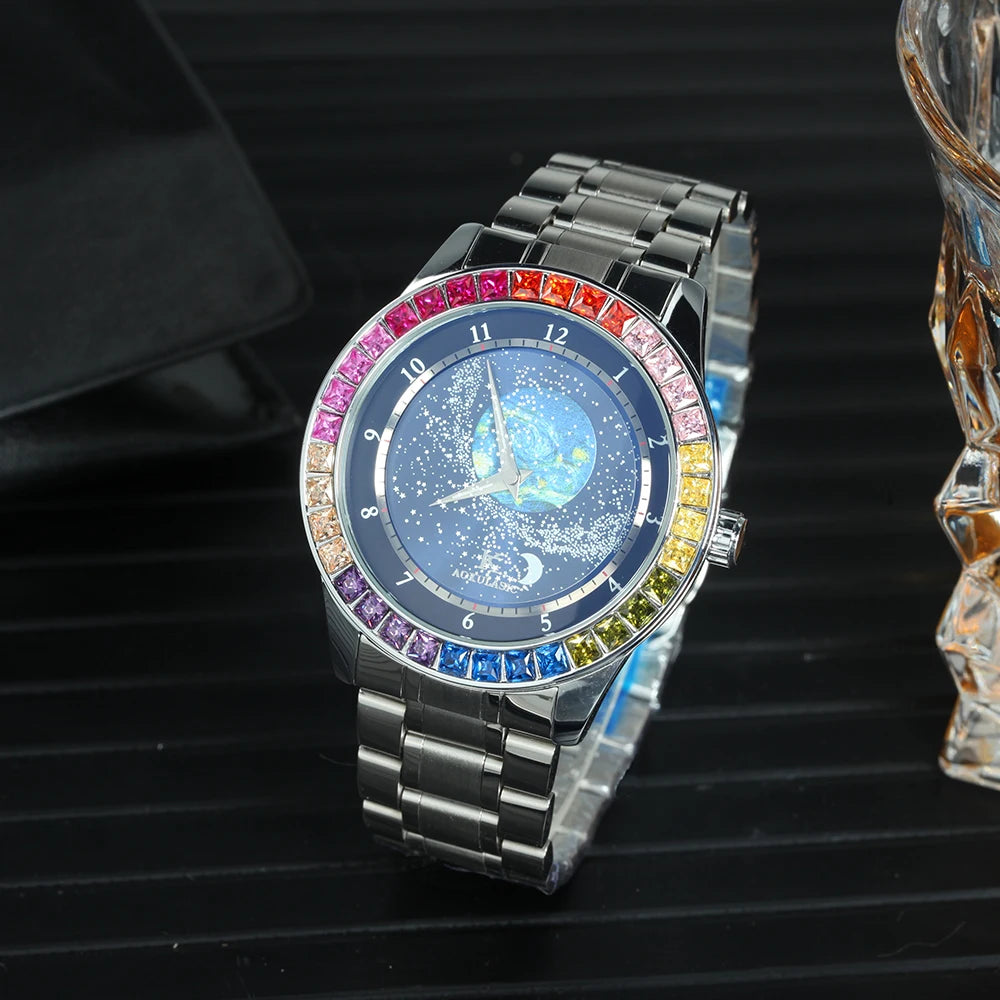 Excellence Luxury Brand Mechanical Watch for Men Rotating Star Dial Fashion Rainbow Case Automatic Watches Genuine Leather Strap Wristwatch