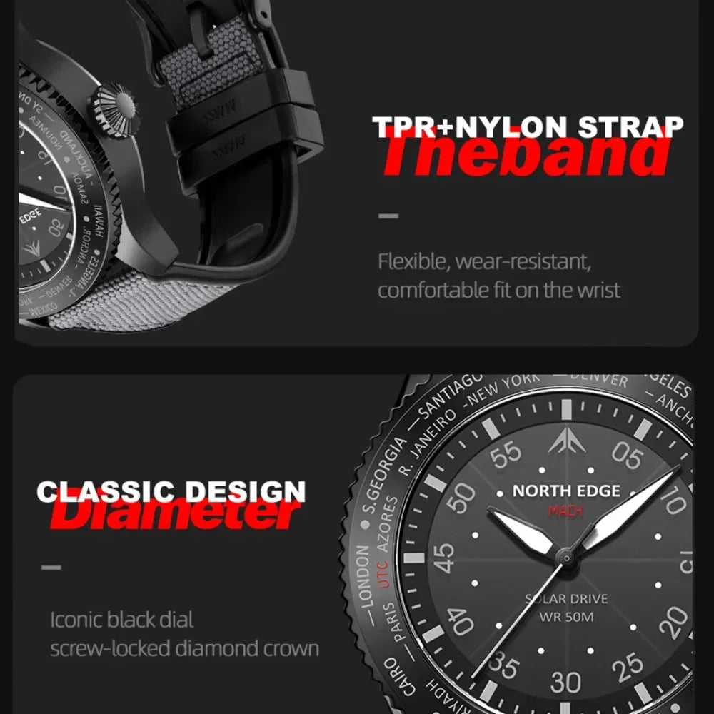 Excellence Pilot Watches for Men MACH 2024 New Design Solar Powered Watch Dual Time Zone Waterproof TPR Nylon Strap Pilot Men's Watch