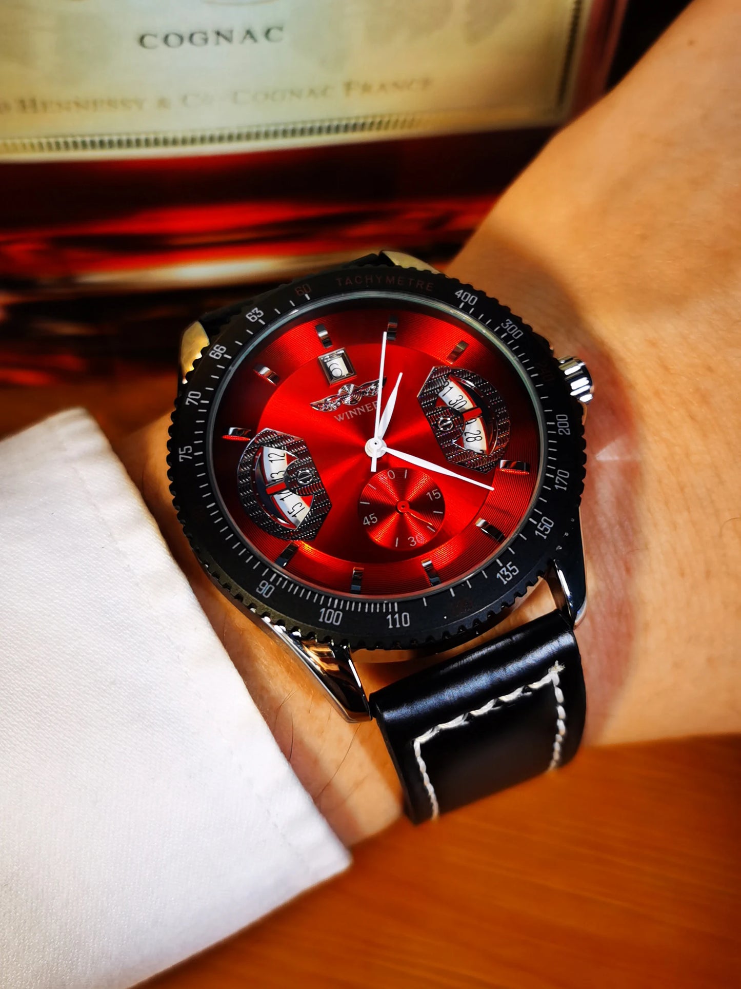 Excellence  Sports Skeleton Mechanical Watches Red Multifunction Dial Date Display Casual Leather Strap Military Automatic Men's Watch