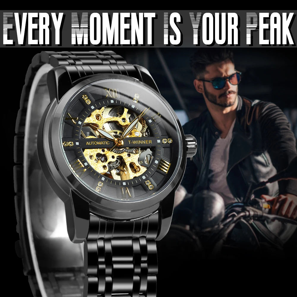 Excellence Gold Black Mechanical Watches Classic Retro Iced Out Skeleton Automatic Watch for Men Stainless Steel Band Luminous Hands