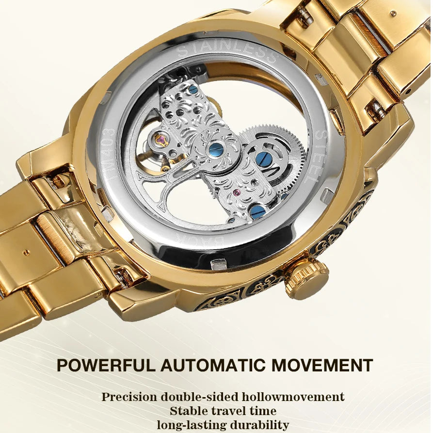 Excellence Luxury Gold Skeleton Mechanical Men Watch Automatic Movement Clock Stainless Steel Strip Male Bronze Wrist Watches