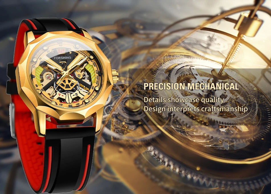 Excellence  Design Fashion Polygon Transparent Skeleton Rubber Band Men Mechanical Watch Luxury Montre Homme men