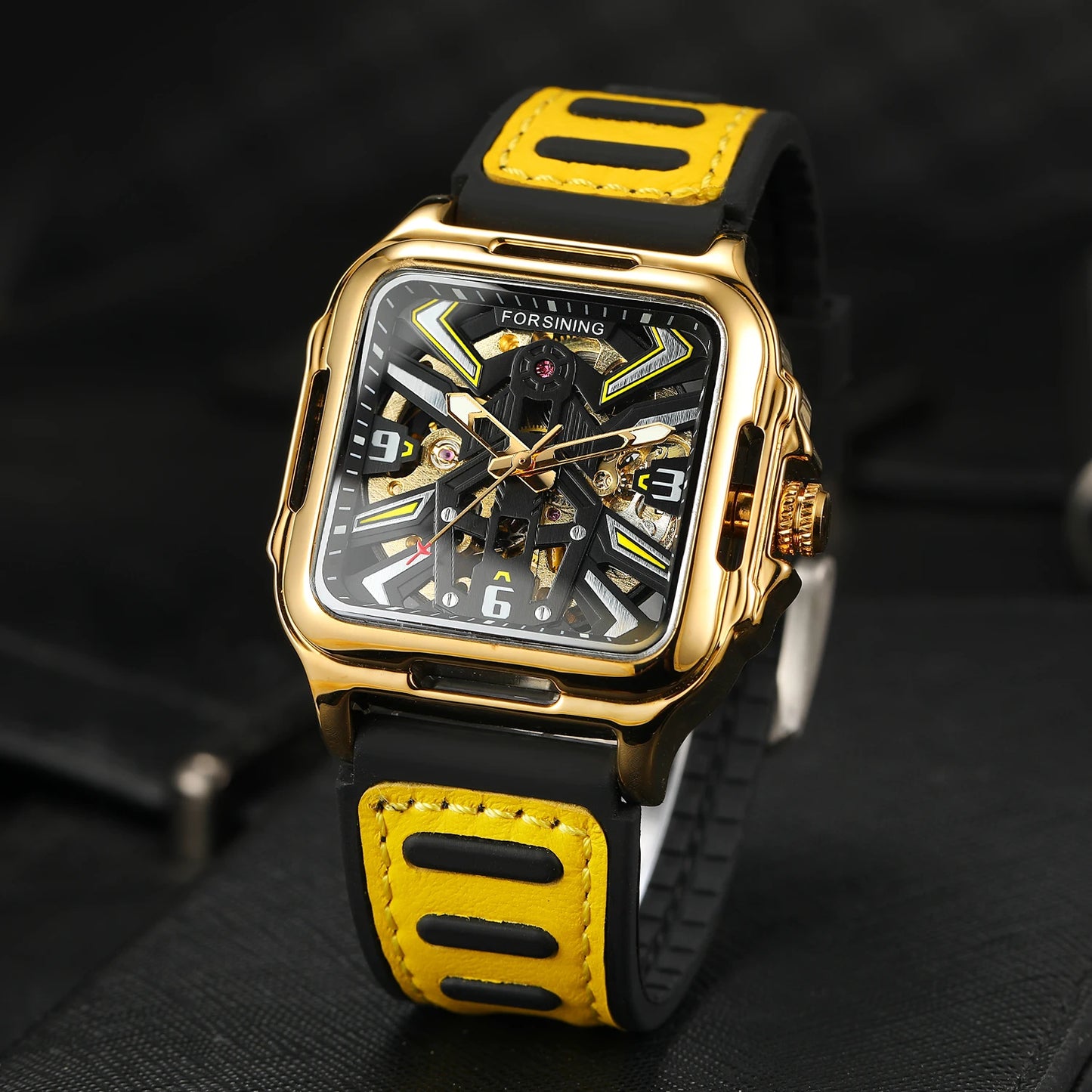 Excellence Original Square Skeleton Mechanical Men Watch Automatic Movement Clock Field Sport Rubber Band Luxury Replica Watches