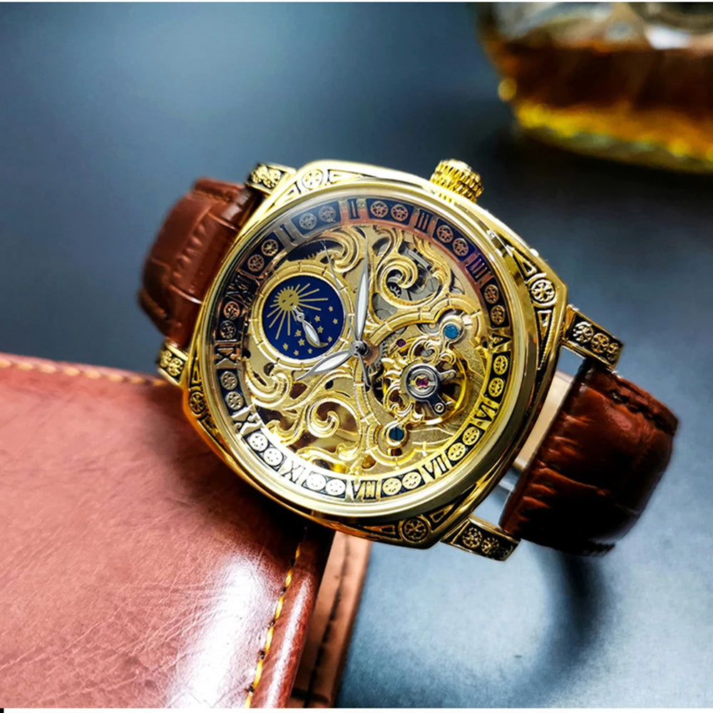 Excellence Mechanical Watches Moon Phase Tourbillon  Gold Automatic Watch for Men Casual Genuine Leather Belt.