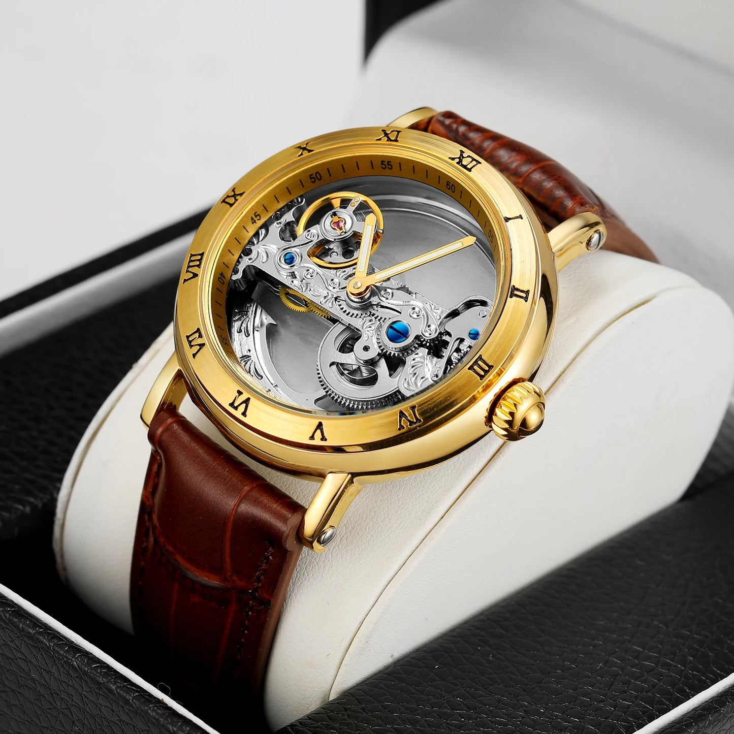 Excellence Gold Bridge Skeleton Automatic Watch for Men Luminous Hands Stainless Steel Leather Strap Luxury Mechanical Watches