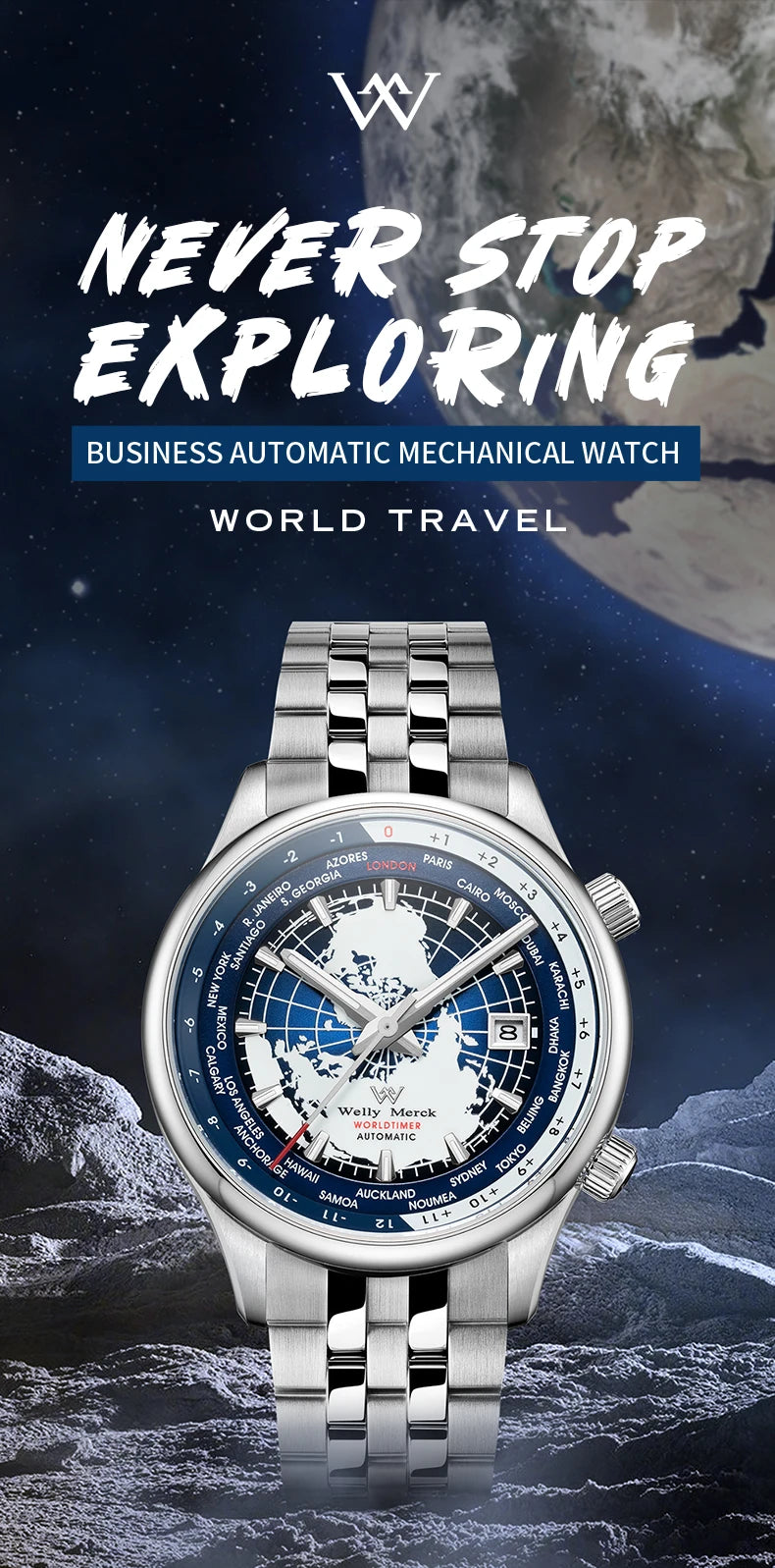 Excellence Watch Welly Merck Automatic Mechanical Men Watches High Quality Sapphire World Time Original Recognized Brand Watch Man WM057