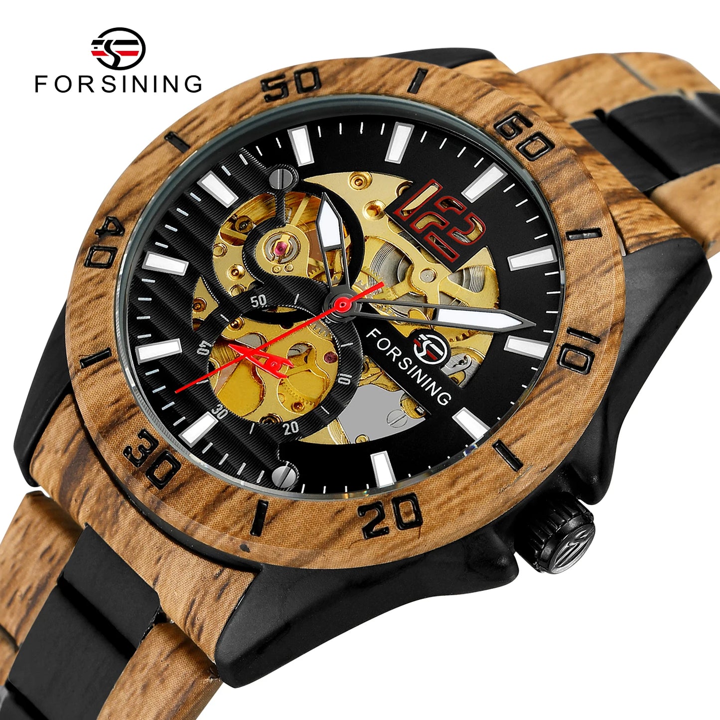 Excellence Luxury  Skeleton Wristwatches Imitation Wood Grain Stainless Steel Strip Automatic Watches for Men Transparent Watch