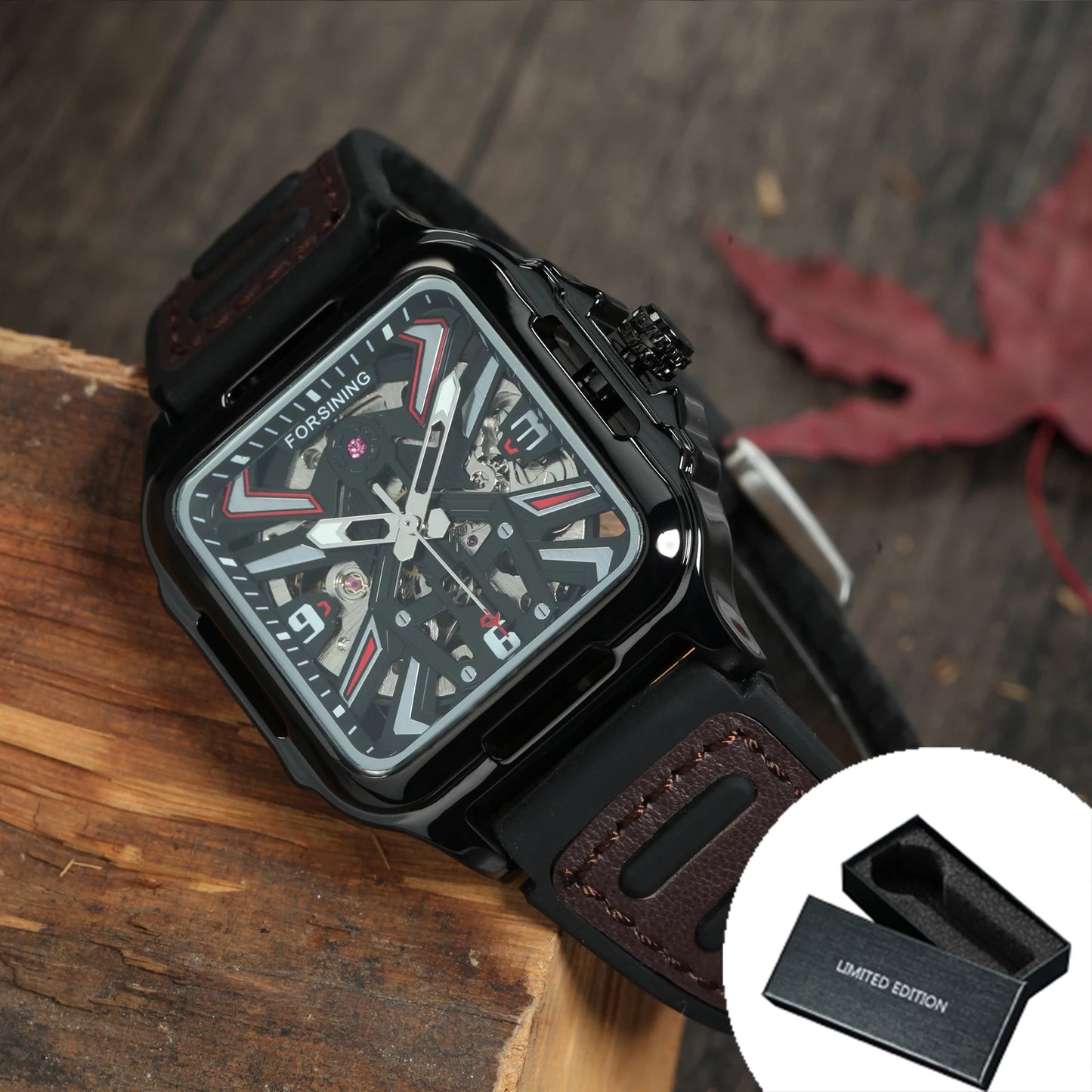 Excellence Gold Black Square Skeleton Automatic Watch for Men Luminous Hands Luxury Sports Mechanical Watches Rubber Leather Band