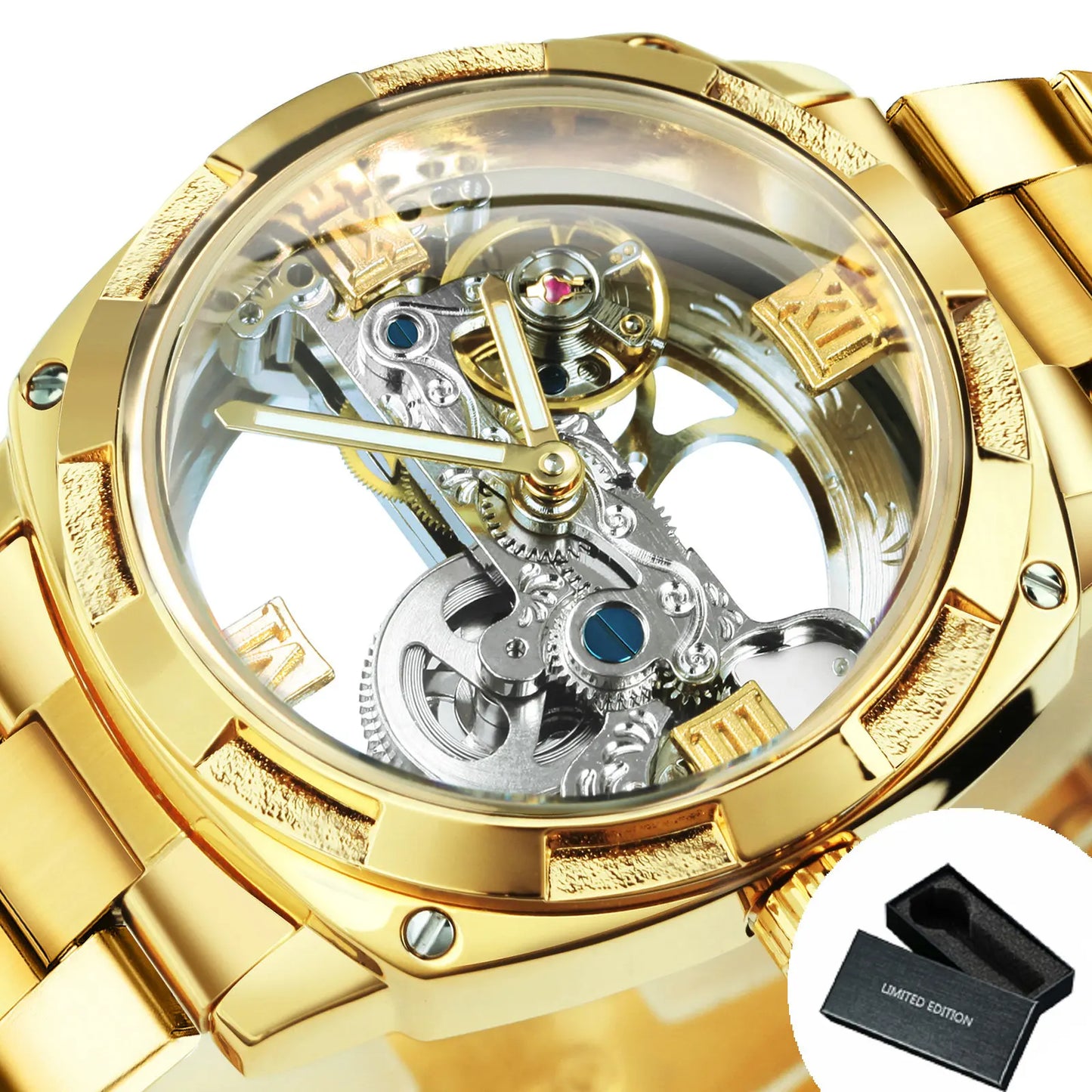 Excellence Luxury Square Skeleton Automatic Men's Watch Golden Bridge Dial Carved Movement Mechanical Waterproof Watches Steel Strap