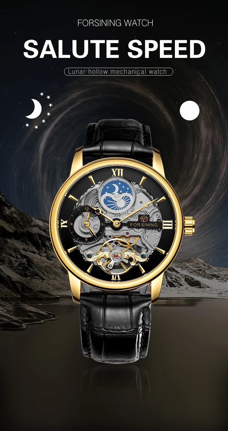 Excellence High Quality Multiple Time Zon Moonphase Automatic Watch Fashion Luxury Skeleton Mechanical Watches Men's Wristwatch Leather Belt