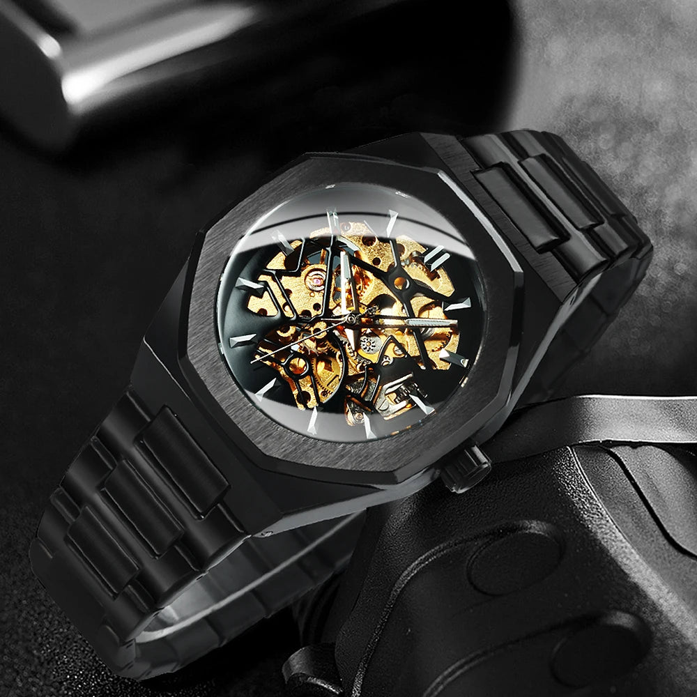 Excellence Black Gold Skeleton Watch for Men Luxury Irregular Business Automatic Mechanical Watches Stainless Steel Strap Luminous