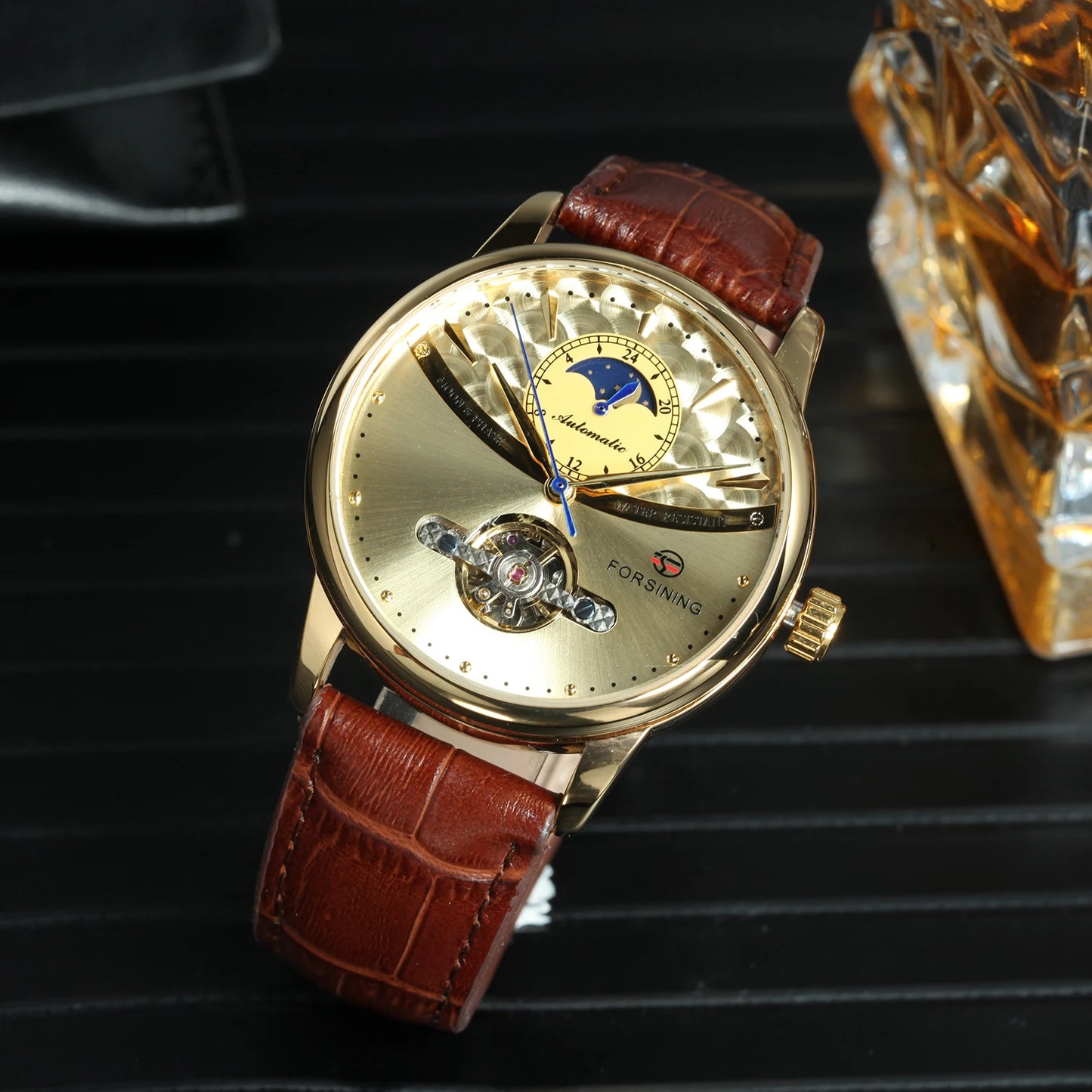 Excellence Luxury Gold Automatic Watch for Men Moon Phase Retro Brown Genuine Leather Belt Tourbillon Skeleton Mechanical Watch