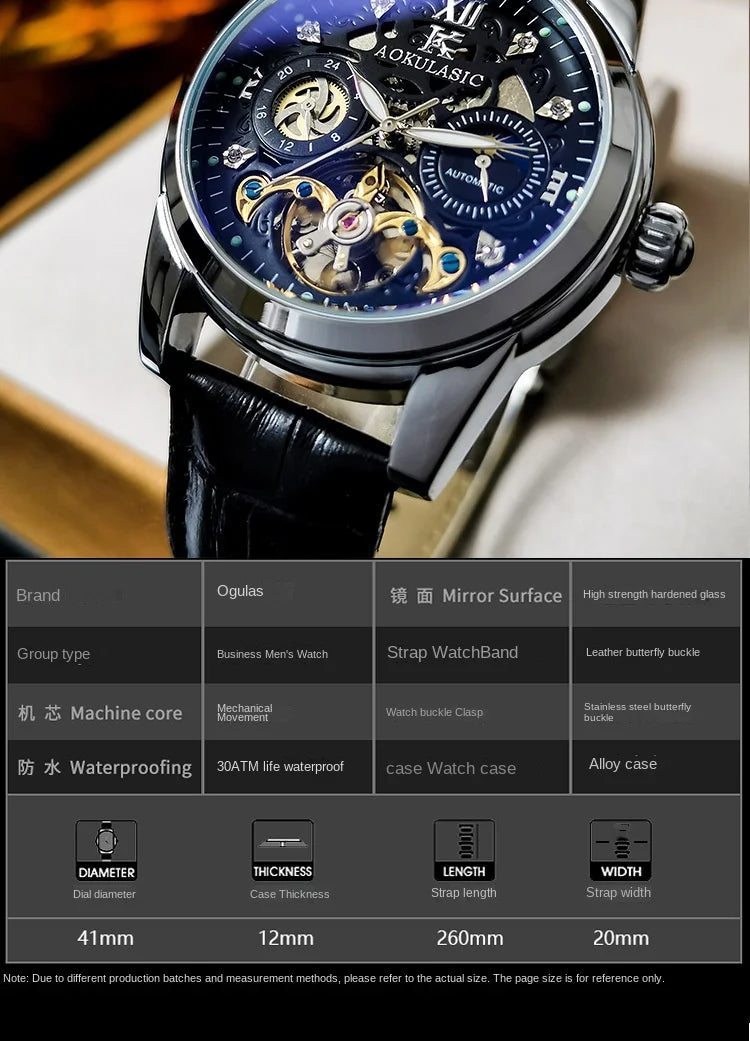 Excellence Skeleton Men's Watches Top Brand Luxury Moon Phase 24 Hours Display Iced Out Automatic Mechanical Watch Leather Strap