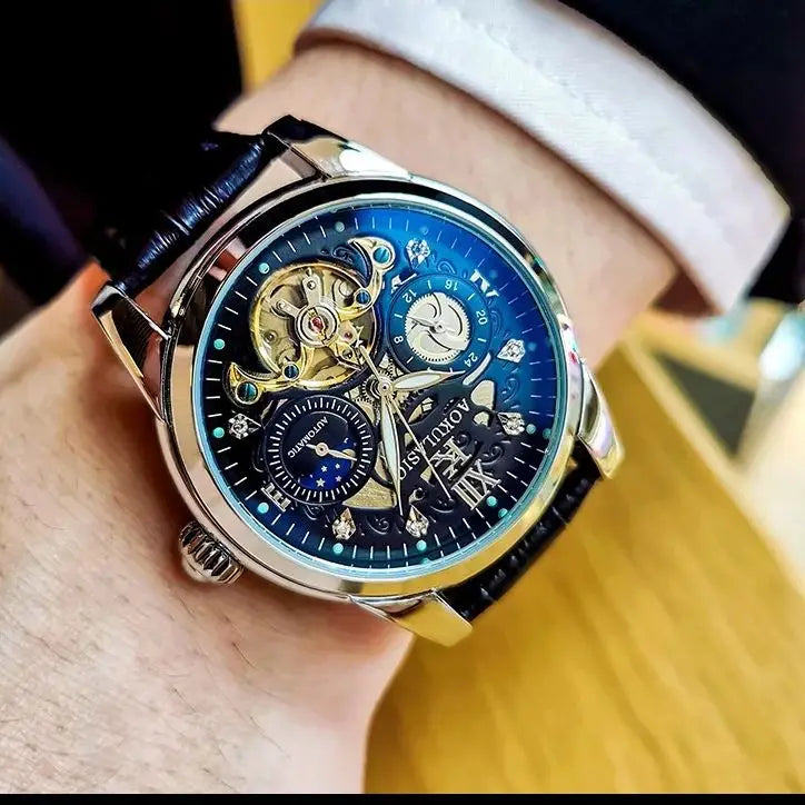 Excellence Skeleton Men's Watches Top Brand Luxury Moon Phase 24 Hours Display Iced Out Automatic Mechanical Watch Leather Strap