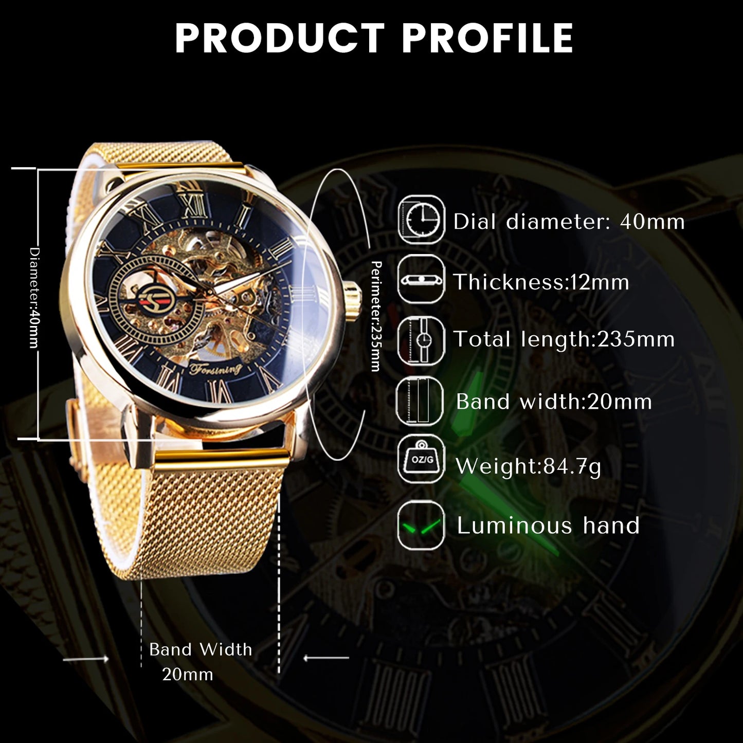 Excellence Classic Gold Mechanical Watch Retro Transparent Skeleton Men's Watches Top Brand Luxury Mesh Stainless Steel Strap Glow