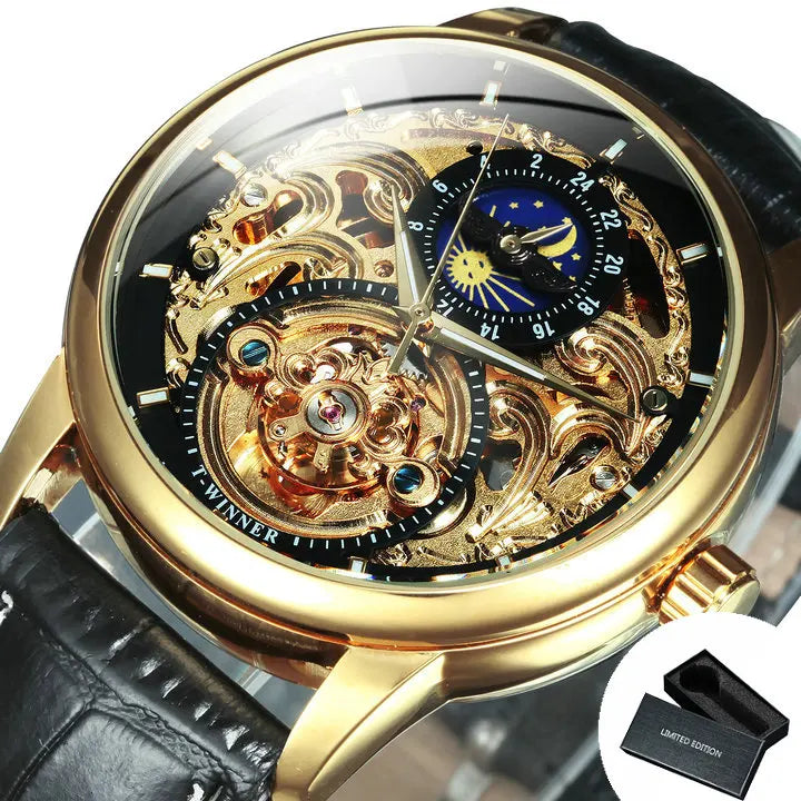 Excellence Moon Phase Watch for Men Luxury Tourbillon Skeleton Automatic Mechanical Watches Casual Genuine Leather Strap