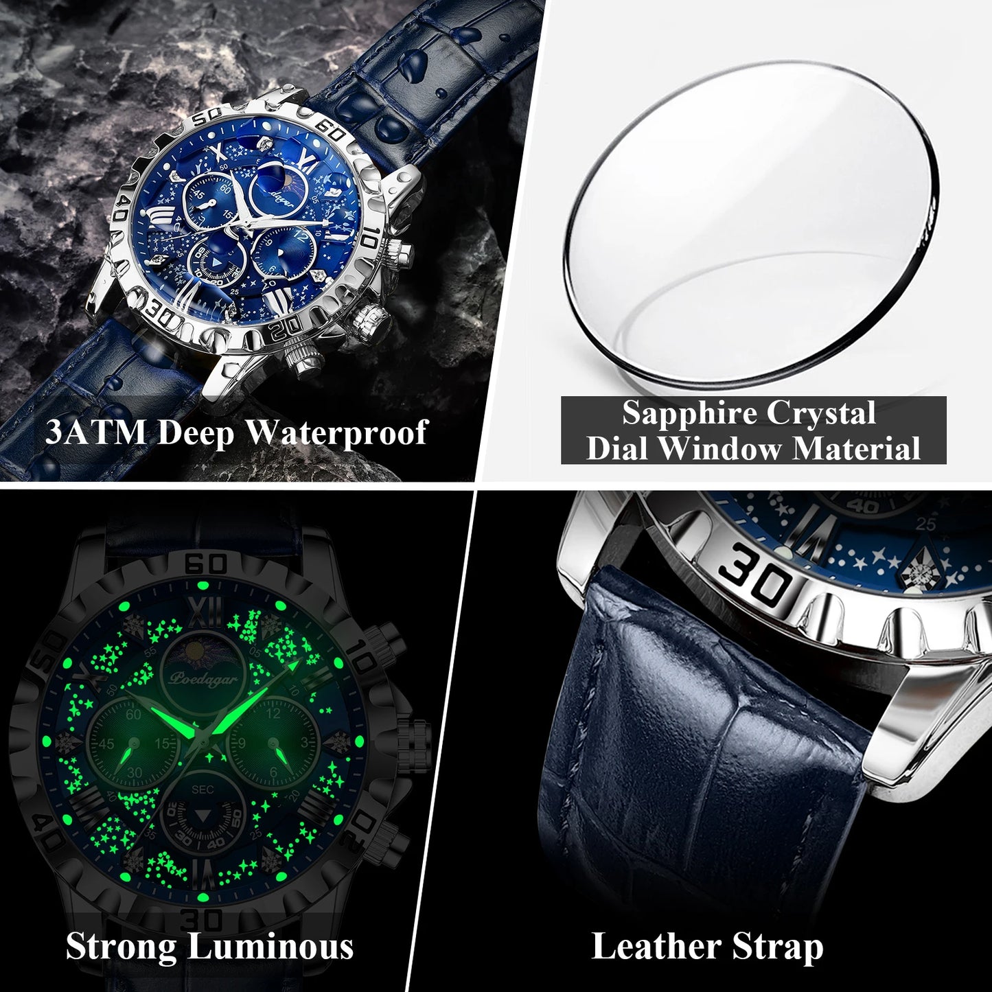 Excellence Luxury Man Watch Waterproof Luminous Chronograph Watch For Men Military High Quality Leather Quartz Men's Watch