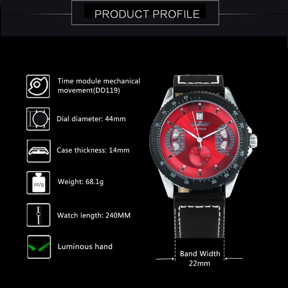 Excellence  Sports Skeleton Mechanical Watches Red Multifunction Dial Date Display Casual Leather Strap Military Automatic Men's Watch