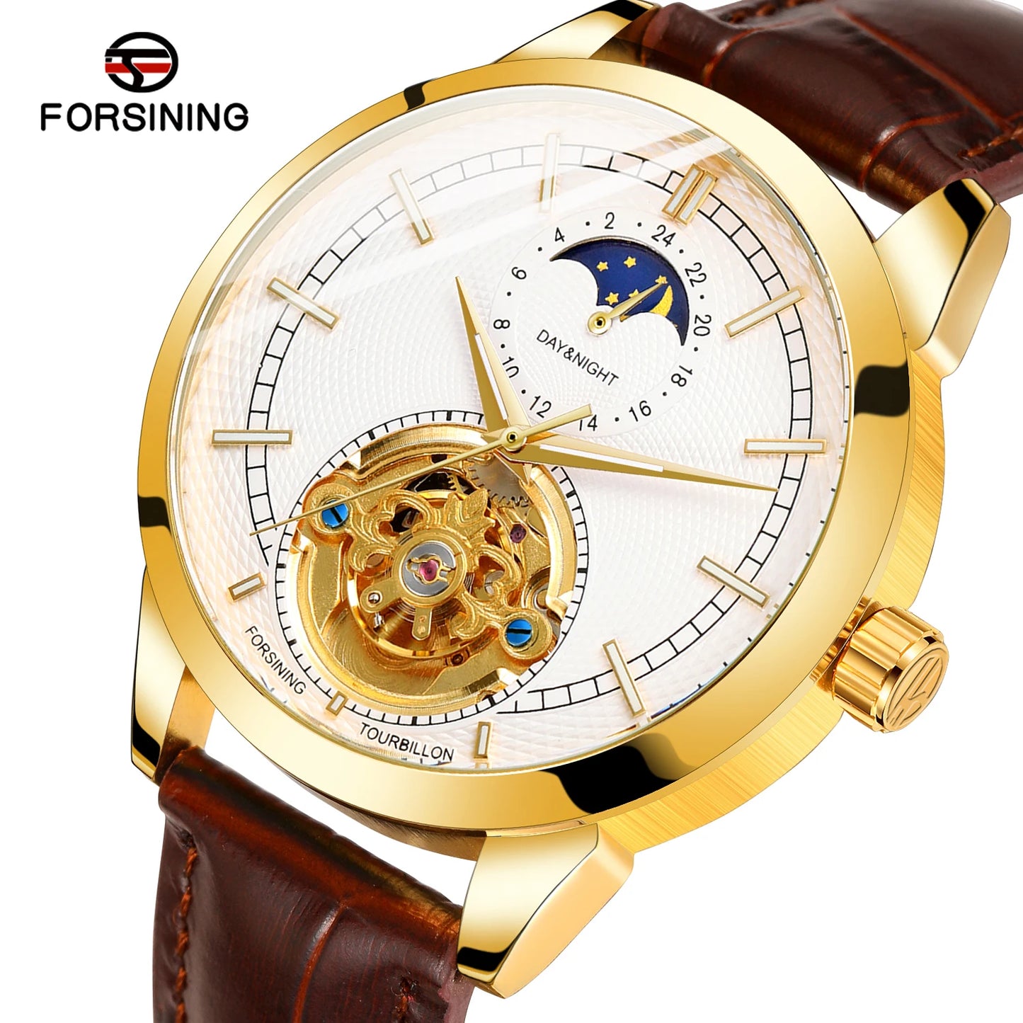 Excellence  Top Brand Hollow Tourbillon Pin Scale Full Automatic Mechanical Man Business Leather Belt Moon Phase Watch