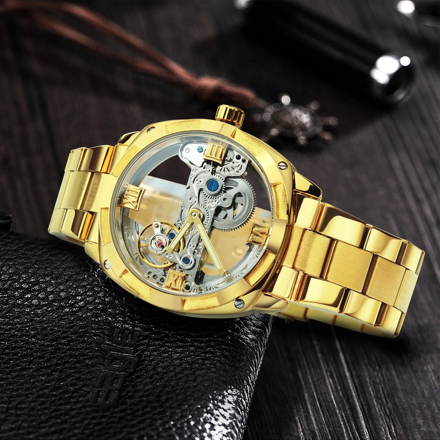 Excellence Luxury Square Skeleton Automatic Men's Watch Golden Bridge Dial Carved Movement Mechanical Waterproof Watches Steel Strap