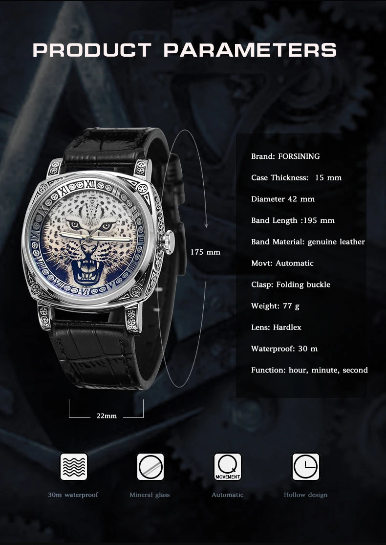 Excellece Top Brand Mechanical Male Wristwatch Square Engraved Vintage Tiger Leather Strap Luminous Hands Men Watch