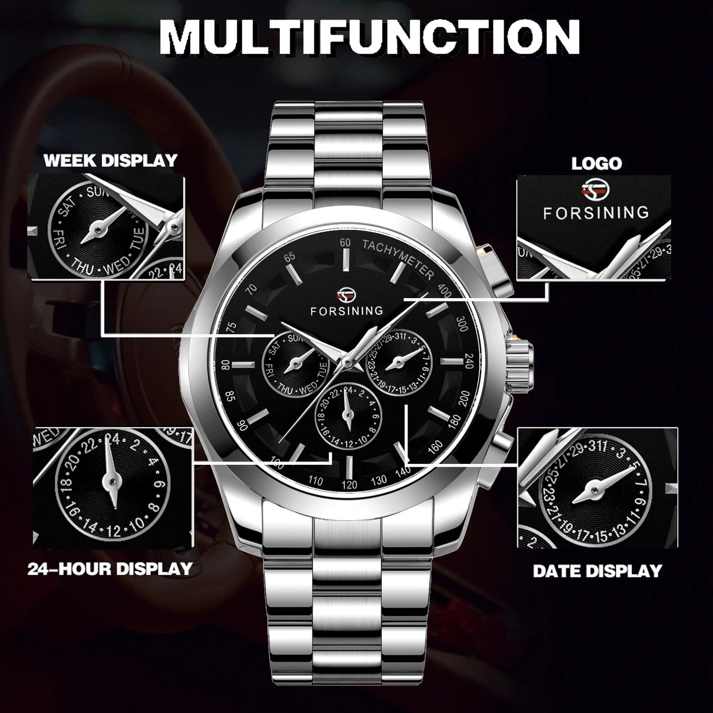 Excellence  Sports Men's Watch Multifunction Automatic Mechanical Watches Luminous Hands Stainless Steel Band Military Wristwatch