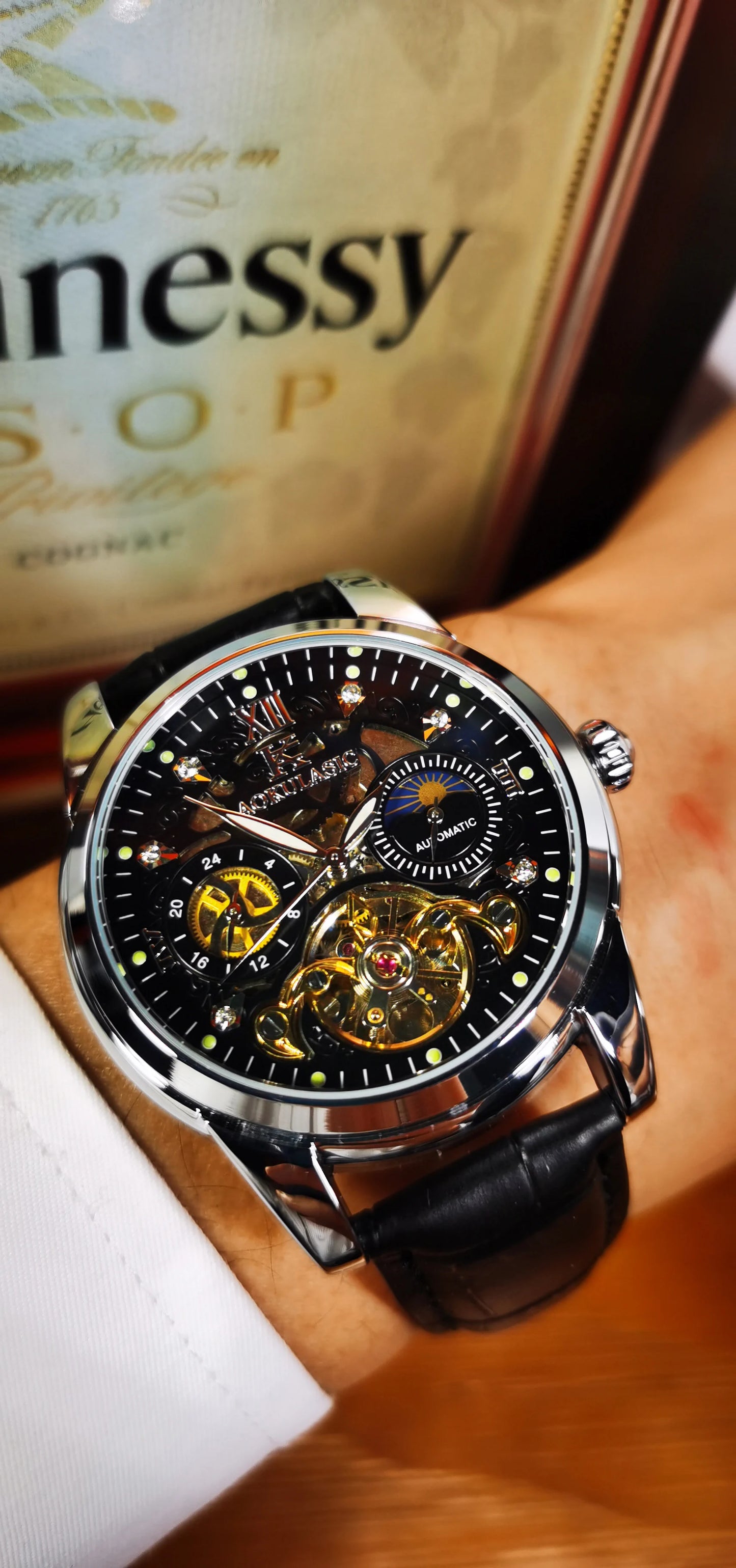 Excellence Skeleton Men's Watches Top Brand Luxury Moon Phase 24 Hours Display Iced Out Automatic Mechanical Watch Leather Strap