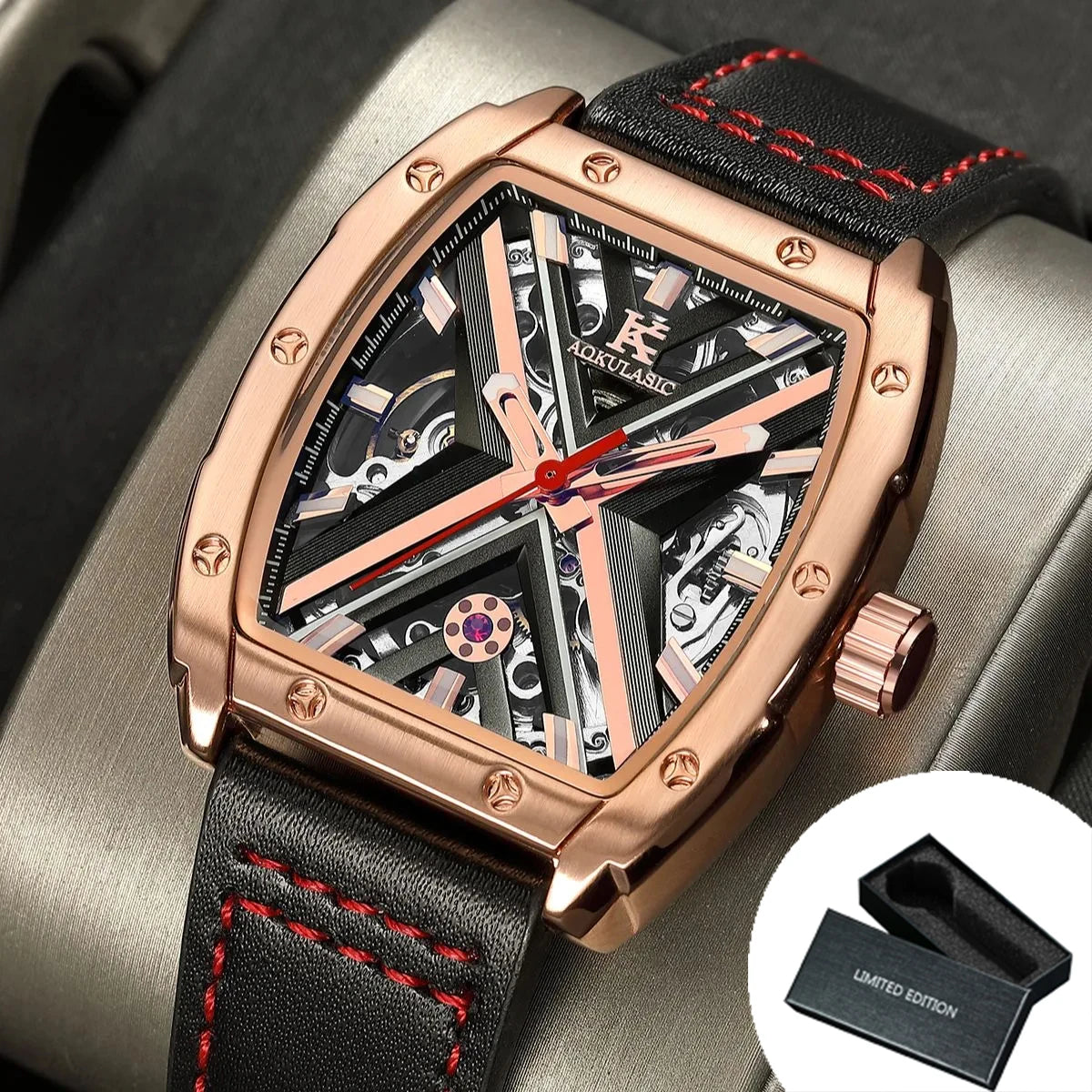 Excellence  Rose Gold Mechanical Watches Luxury Brand Skeleton Automatic Watch for Men Engraved Movement Leather Strap