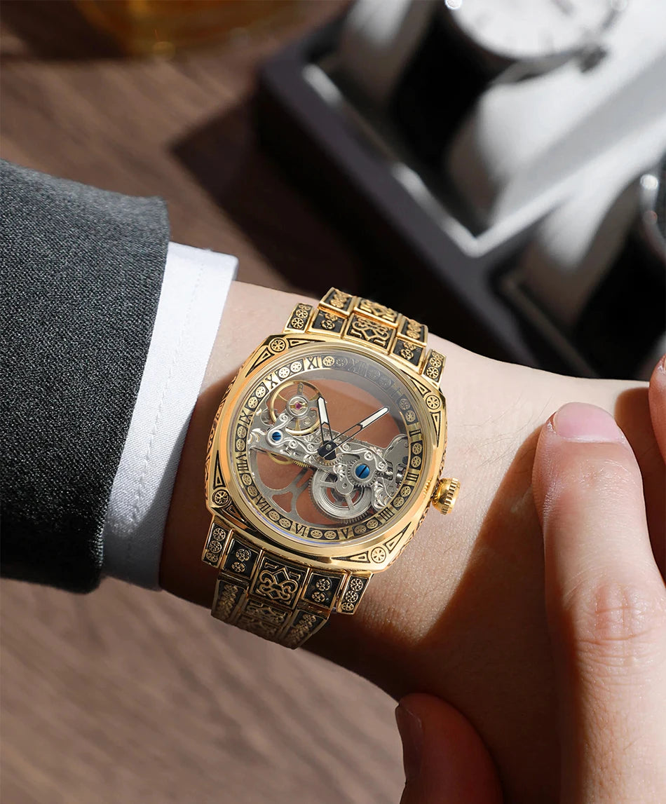 Excellence Luxury Gold Skeleton Mechanical Men Watch Automatic Movement Clock Stainless Steel Strip Male Bronze Wrist Watches