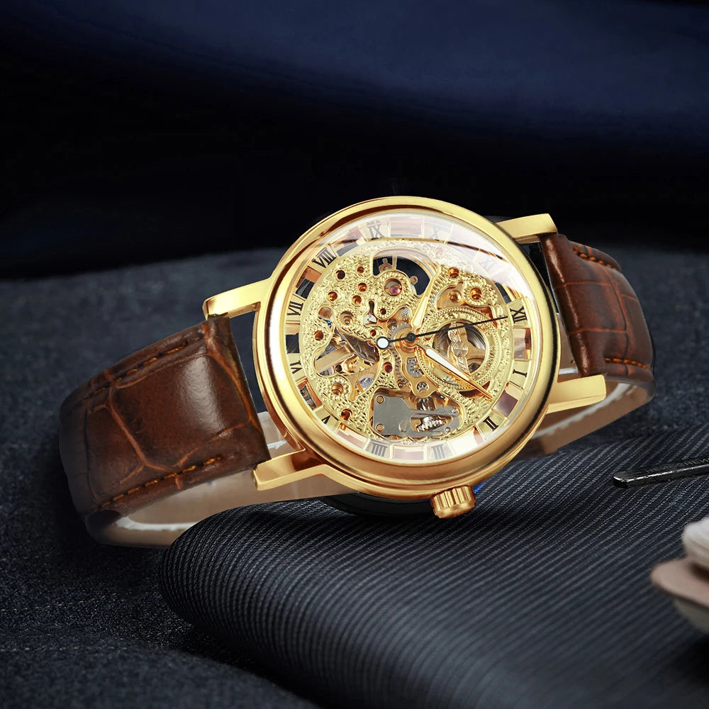 Excellence Transparent Luxury Skeleton Mechanical Watches Casual Leather Strap Gold Watch for Men Luminous Hands Retro Wristwatches