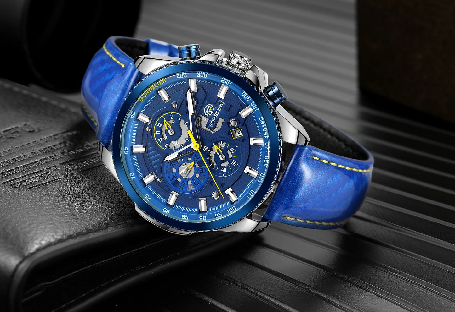 Excellence Original Waterproof Luminous Big Blue Dial Mechanical Watches Luxury Men Watch Multifunctional Automatic Date Leather Wrist