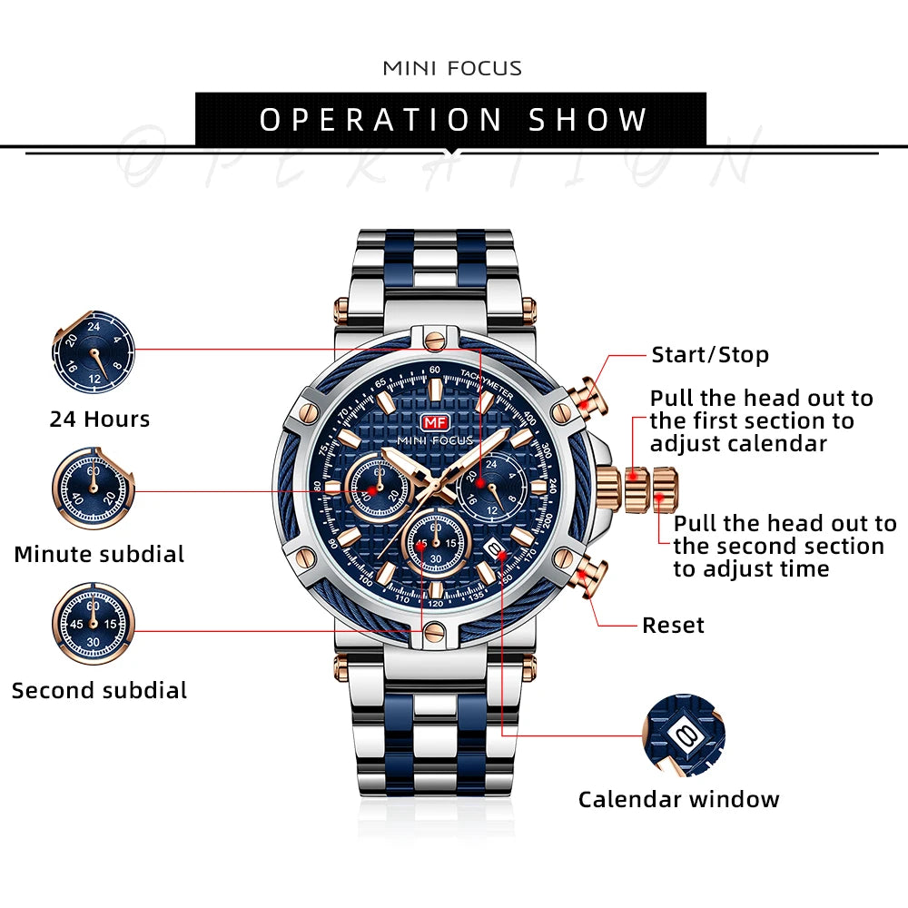 Excellence Sports Quartz Watch for Men Fashion Multifunction Sub-Dials Calendar Stainless Steel Strap Luxury Men's Watches 0470G