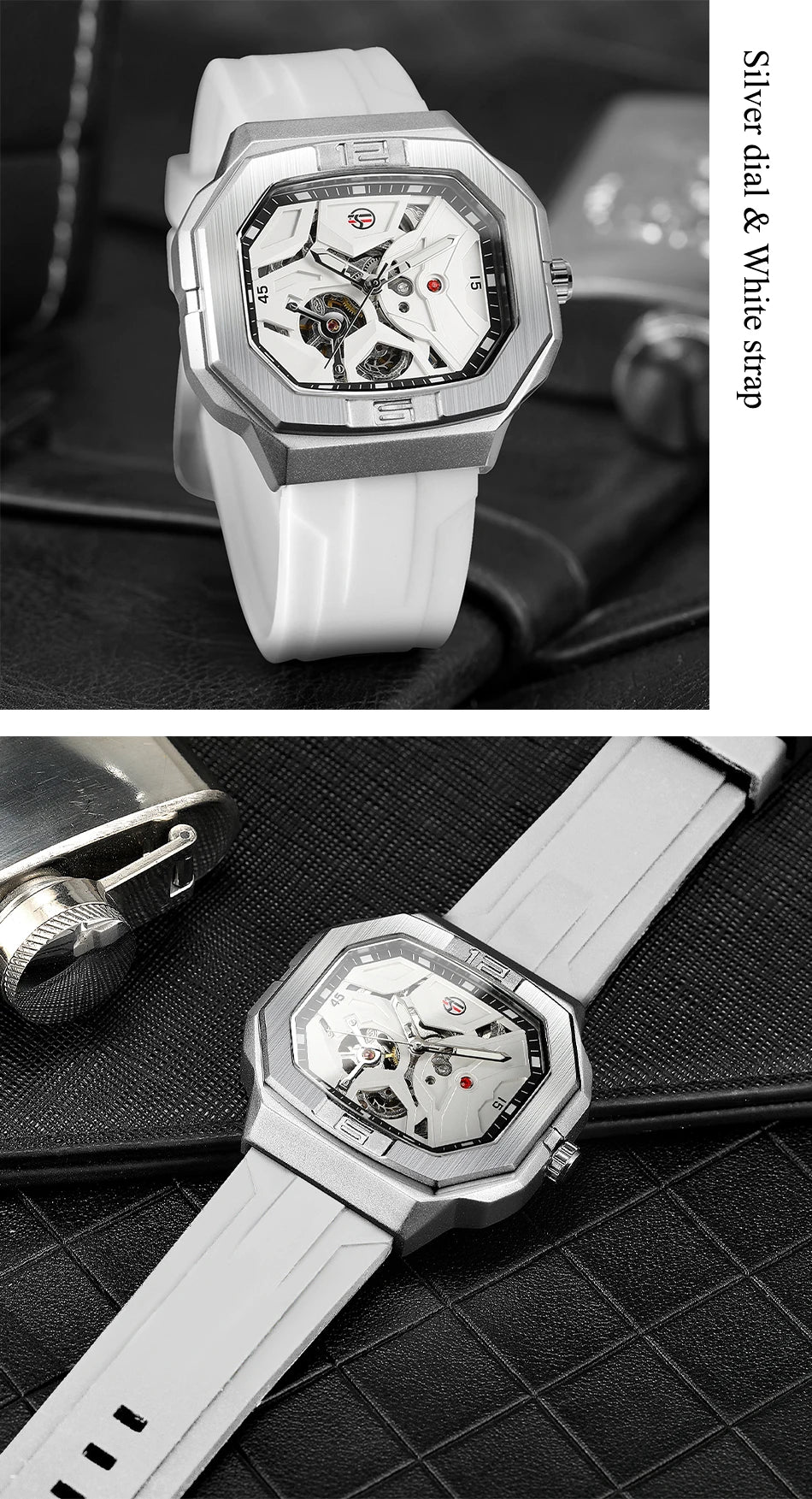 Excellence  Square Skeleton Mechanical Genuine Men Watch Automatic Movement Clock White Sports Waterproof Luxury Male Watches