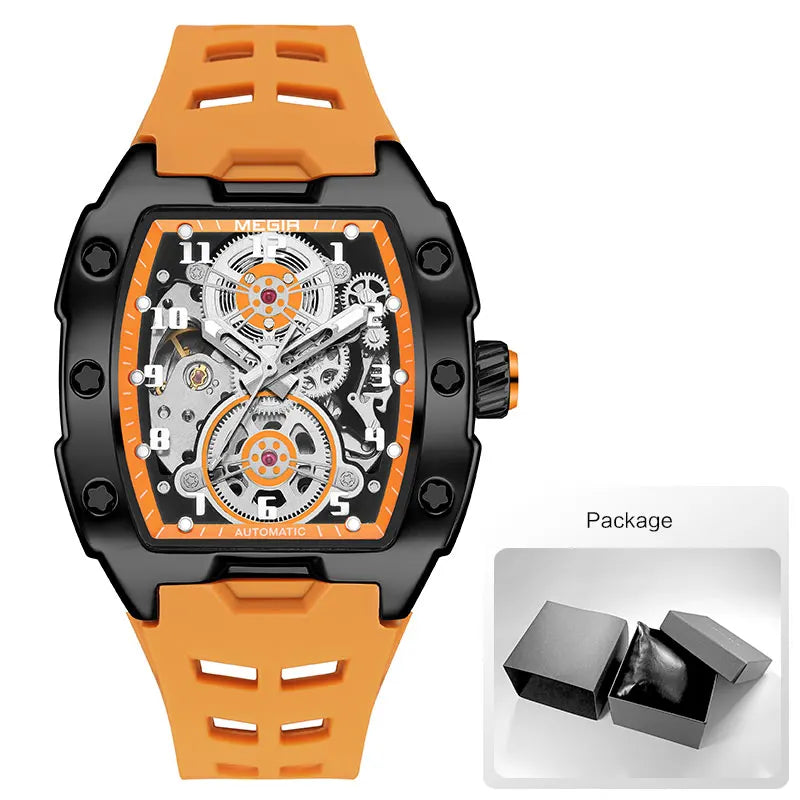 Excellence Sport Automatic Watch Men Waterproof White Silicone Strap Mechanical Wristwatch with Tonneau Hollowed-out Dial