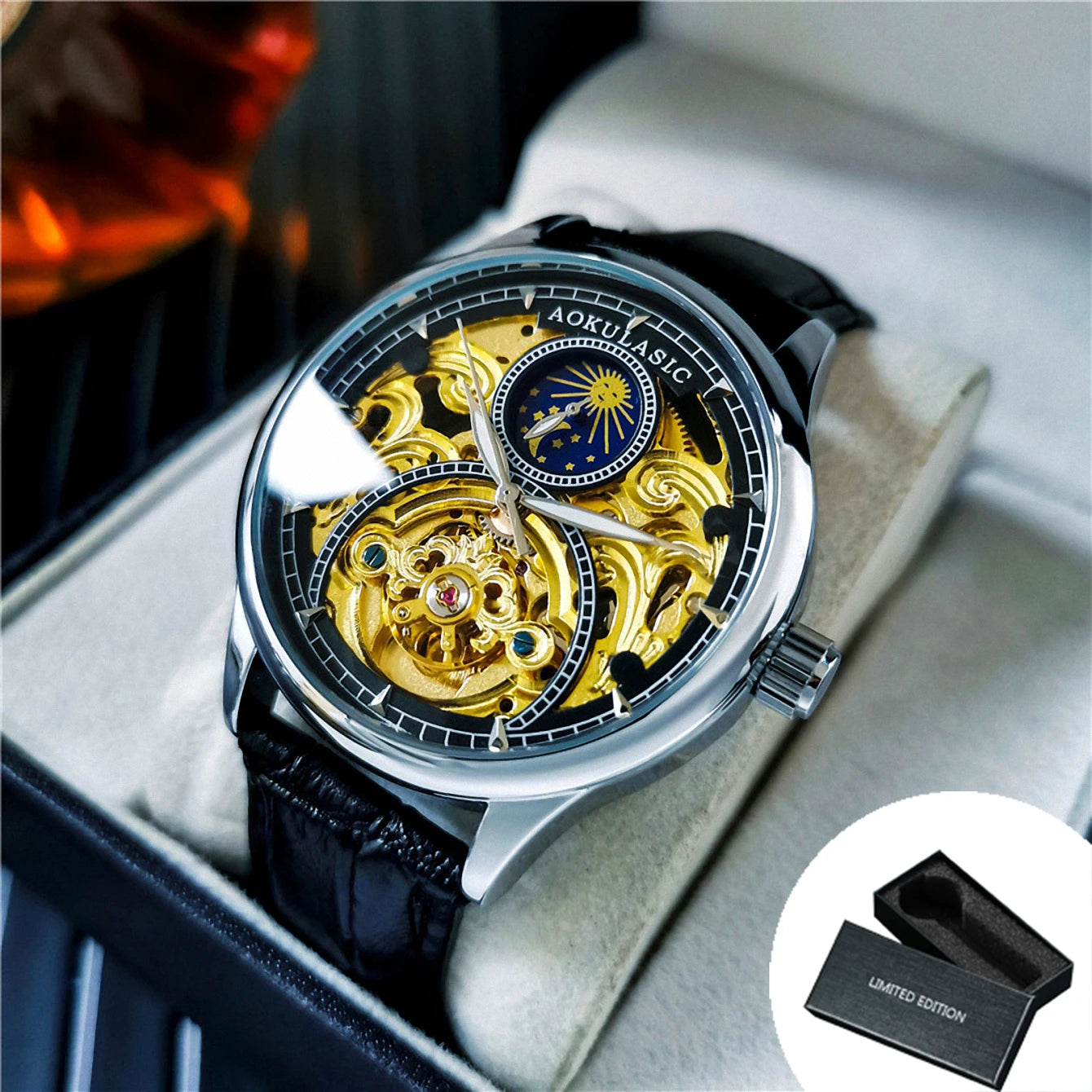 Excellence Tourbillon Men's Watches Top Brand Luxury Skeleton Automatic Mechanical Watch Casual Leather Strap Sun Phase Male Men watch