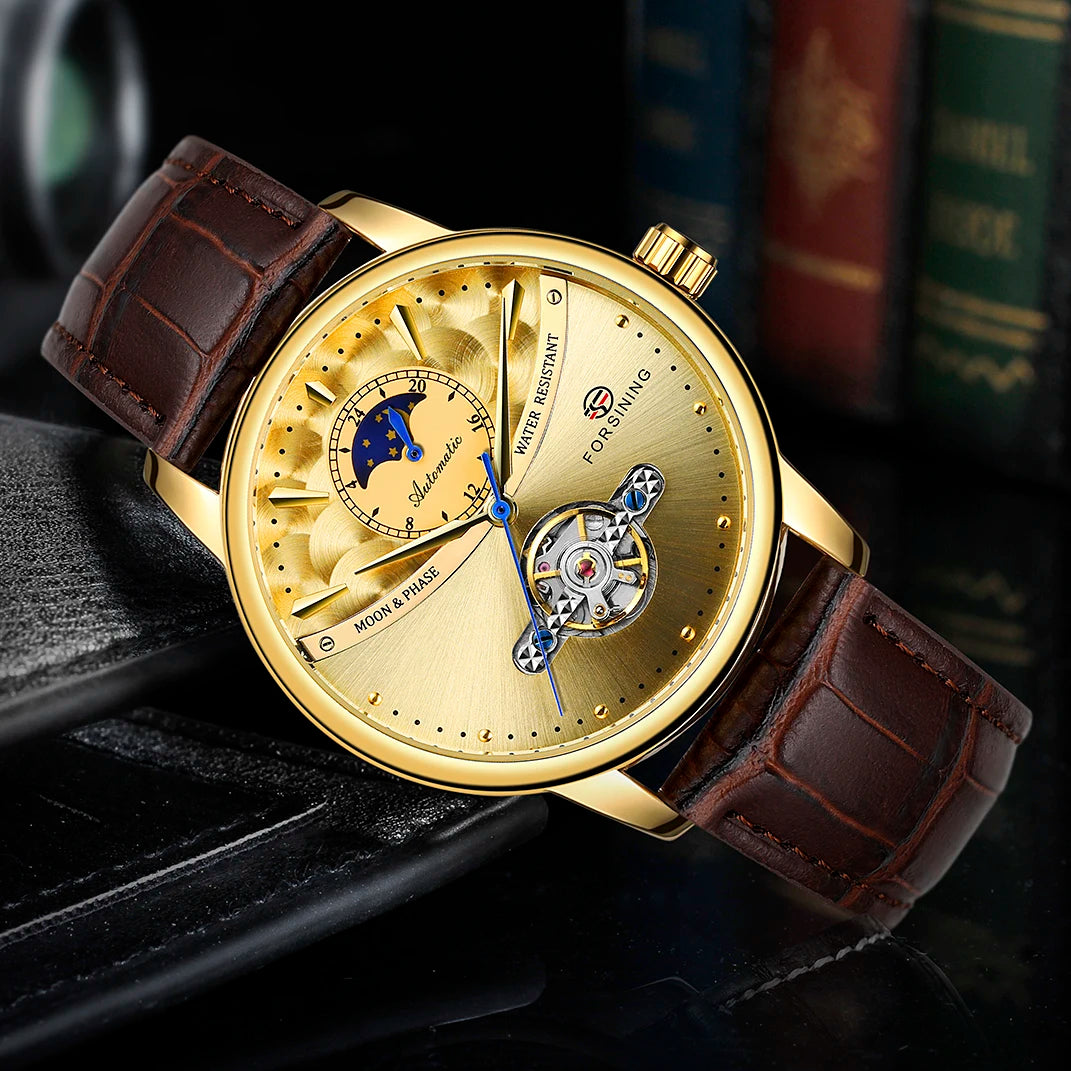 Excellence Luxury Gold Automatic Watch for Men Moon Phase Retro Brown Genuine Leather Belt Tourbillon Skeleton Mechanical Watch