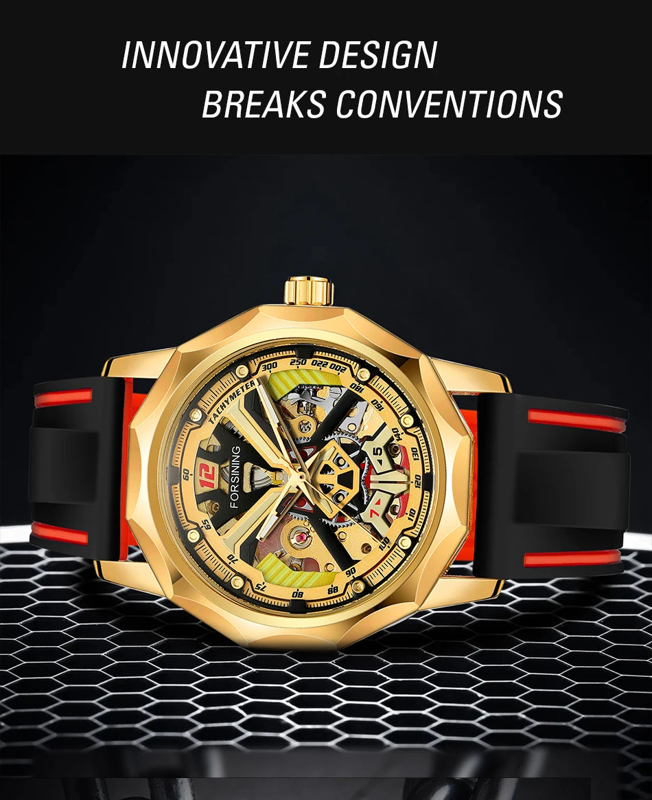 Excellence  Design Fashion Polygon Transparent Skeleton Rubber Band Men Mechanical Watch Luxury Montre Homme men