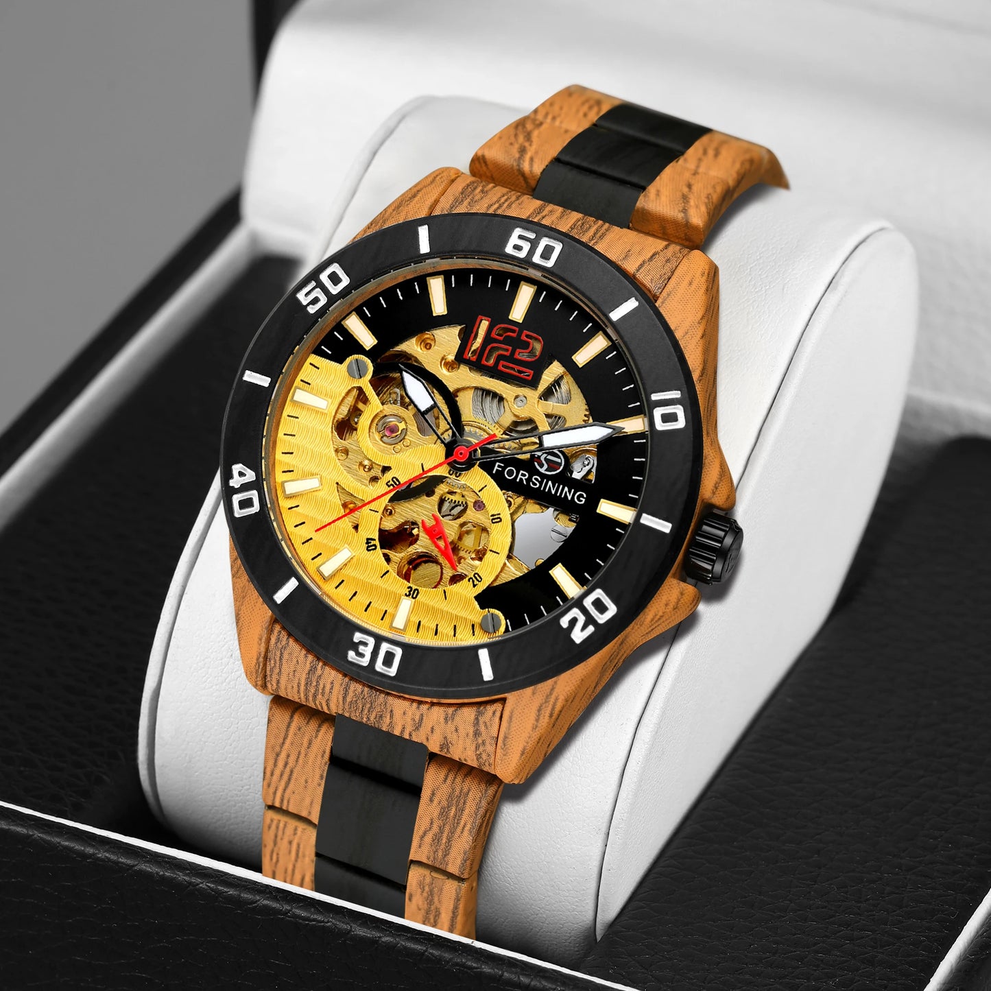 Excellence Luxury  Skeleton Wristwatches Imitation Wood Grain Stainless Steel Strip Automatic Watches for Men Transparent Watch