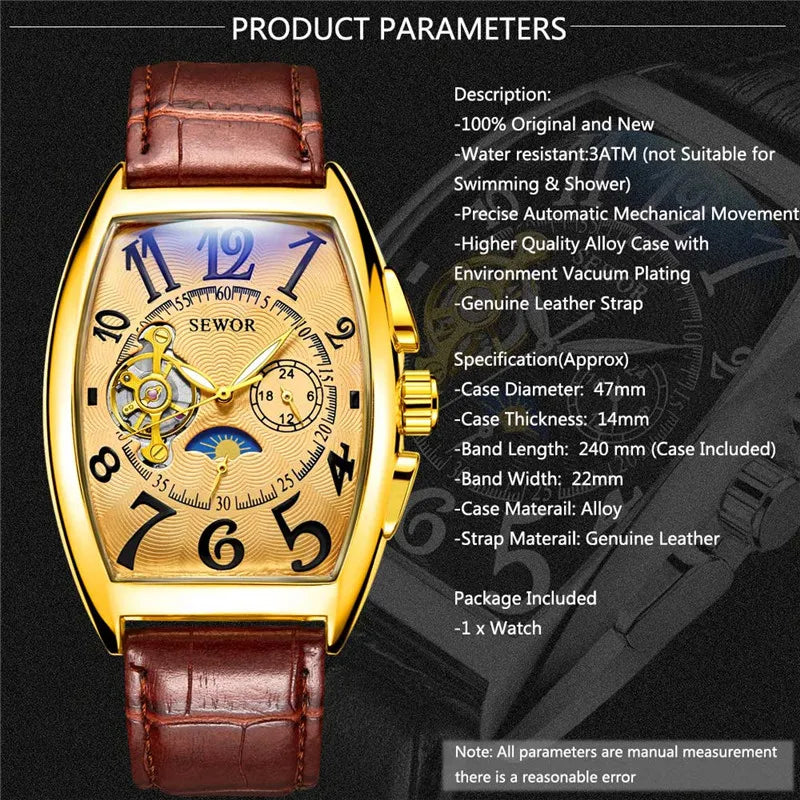 Excellence Luxury Skeleton Automatic Men's Watch Moon Phase Tonneau Tourbillon Mechanical Watches Genuine Leather Strap Luminous Hands