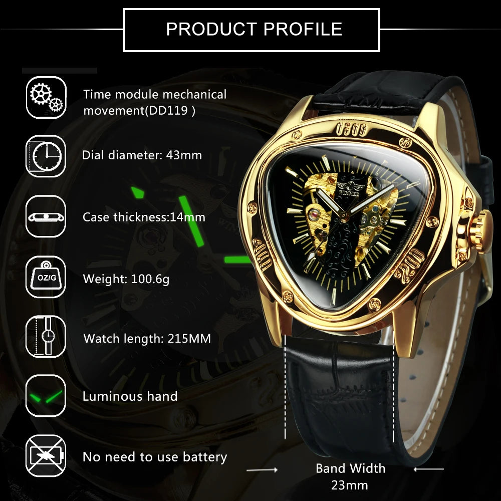 Excellence Sports Military Skeleton Automatic Mechanical Watch for Men Black Gold Triangle Dial Steel Leather Strap Luxury Watches