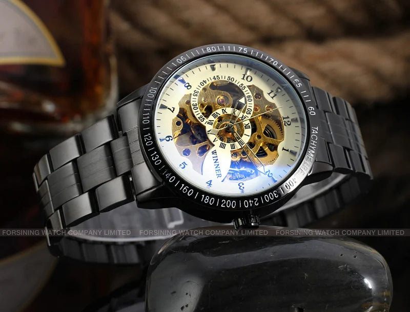 Excellence High End Luxury Blue Glass Stainless Steel Skeleton Mechanical Automatic Man Watches Fashion Classics Waterproof Male Watch