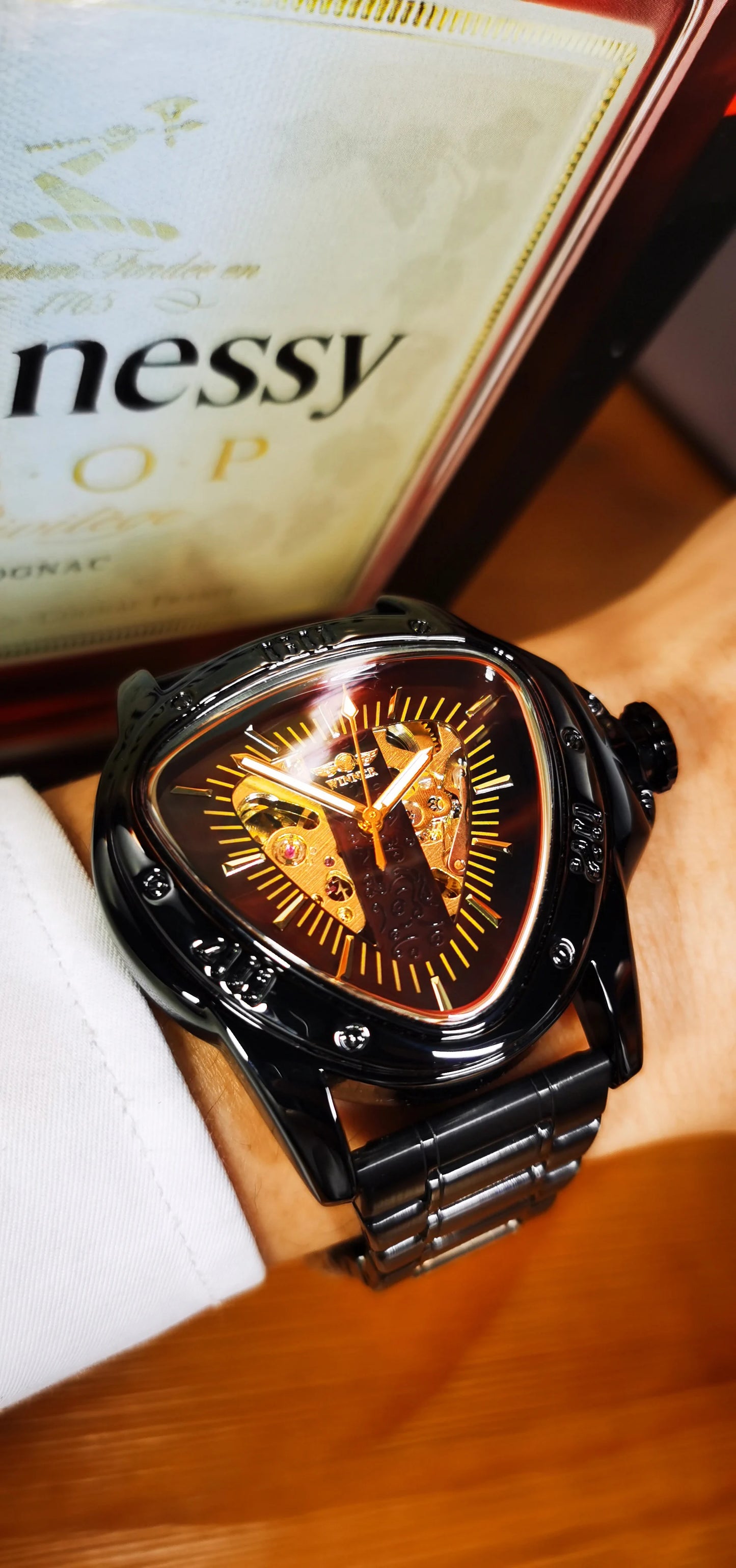 Excellence Sports Military Skeleton Automatic Mechanical Watch for Men Black Gold Triangle Dial Steel Leather Strap Luxury Watches