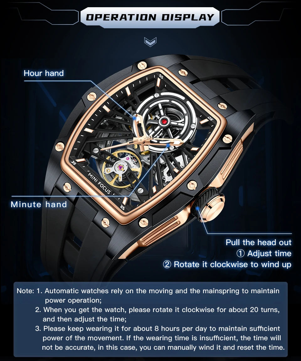 Excellence Fashion Tourbillon Skeleton Automatic Mechanical Watch for Men Luminous Silicone Strap Sports Waterproof Watches 2024