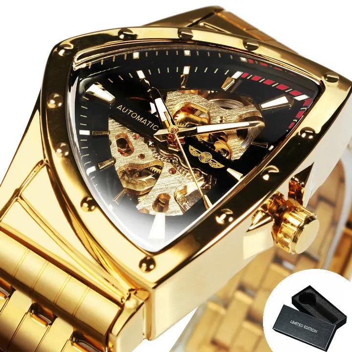 Excellence Military Triangle Skeleton Automatic Watch for Men Gold Sports Mechanical Watches Luxury Stainless Steel Strap Luminous