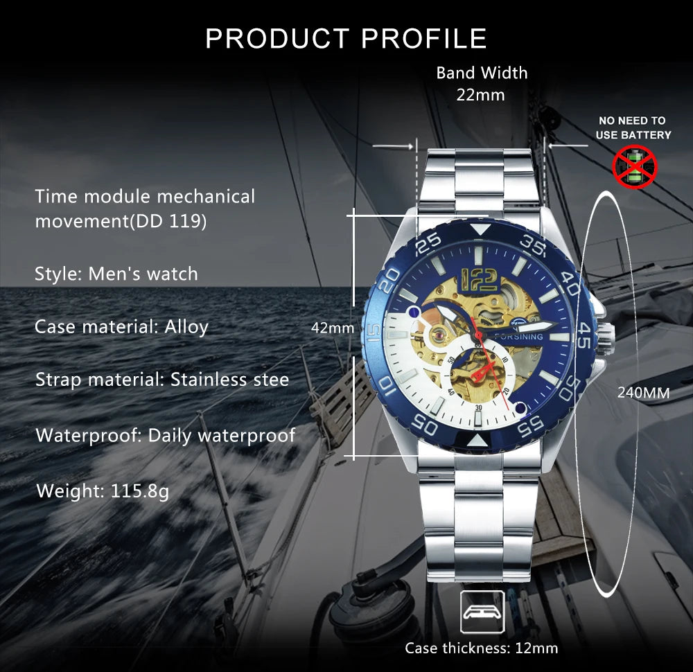 Excellence Skeleton Men's Watch Blue Rotatable Bezel Luxury Automatic Mechanical Watches Stainless Steel Band Wristwatch