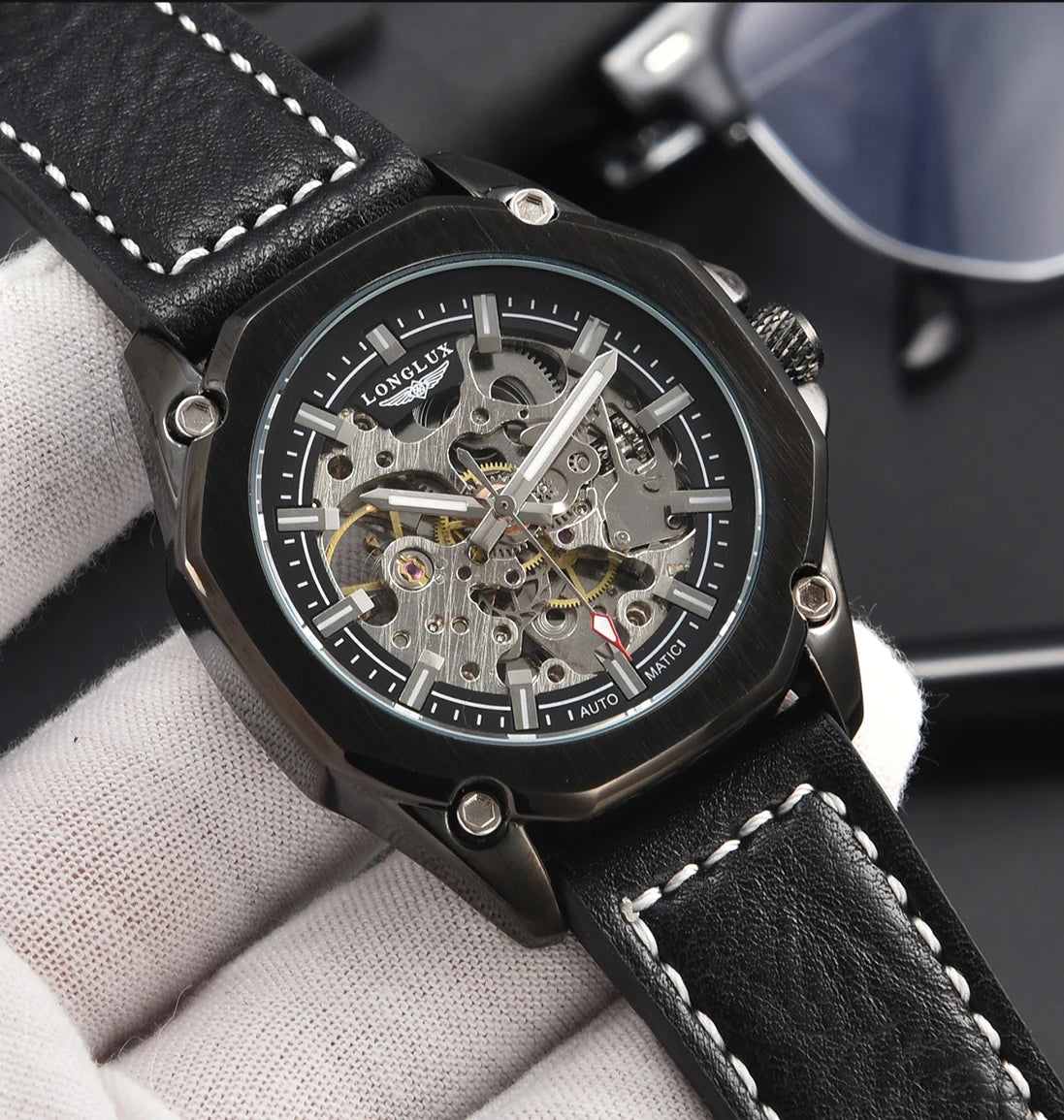 Excellence automatic watch sport style wholesale mechanical wristwatches fashion hollow leather men's watch men gift