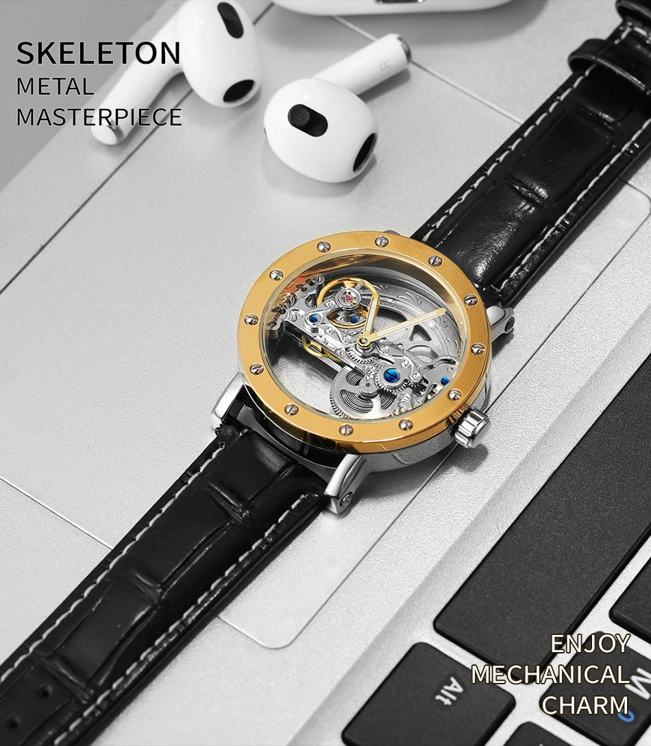 Excellence Top Brand Luxury Steel Skeleton Tourbillon Automatic Watch Men Leather Mechanical Waterproof Luminous Elegant Wrist Clock