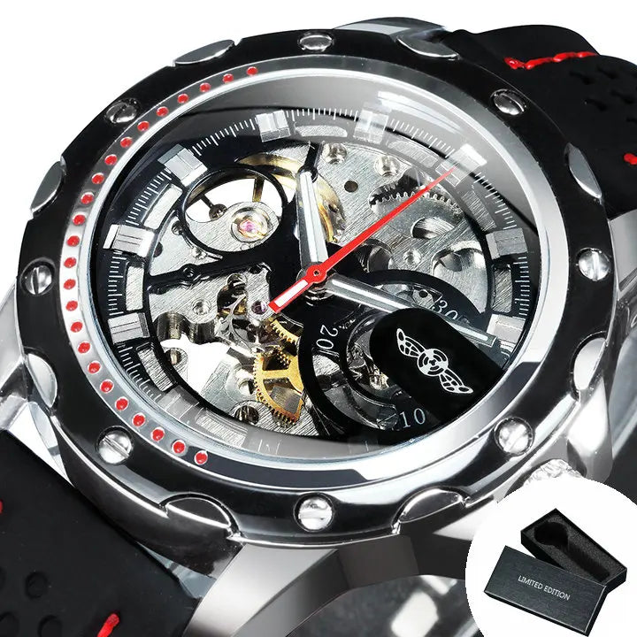 Excellence Sports Outdoor Mechanical Watch for Men Luminous Hands Black Skeleton Automatic Watches Luxury Brand Rubber Strap Clock