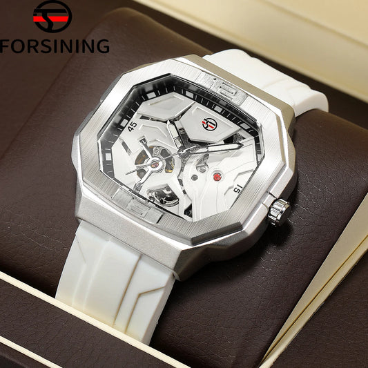 Excellence  Square Skeleton Mechanical Genuine Men Watch Automatic Movement Clock White Sports Waterproof Luxury Male Watches